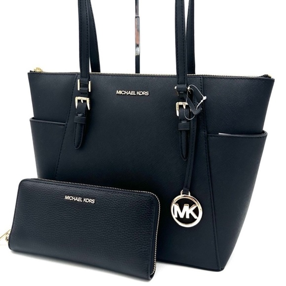 Michael Kors Large Charlotte Tote Bag & Large Continental Wallet Wristlet Black